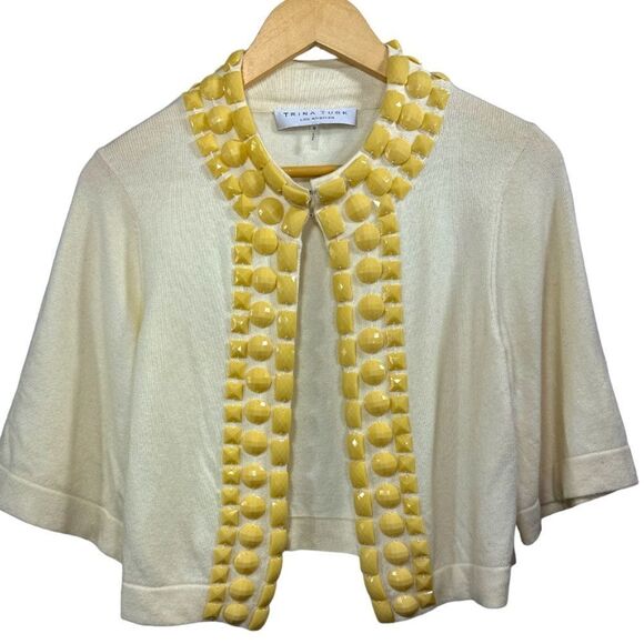 Trina Turk Sweaters - TRINA TURK Women’s Embellished Jewel Trim Cashmere Blend Cardigan Cream Medium